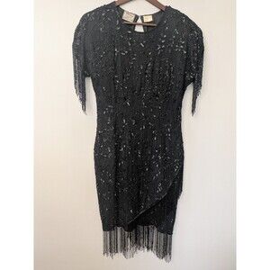 Stenay Silk Dress Vtg 80s Flapper Black Sequin Beaded Fringe 1920s Fitted Sz 8